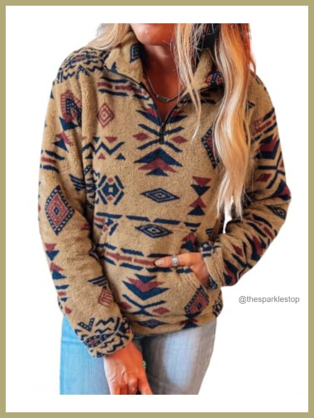 Aztec Sweatshirt Half Zip Sherpa Fleece Hoodie Pullover